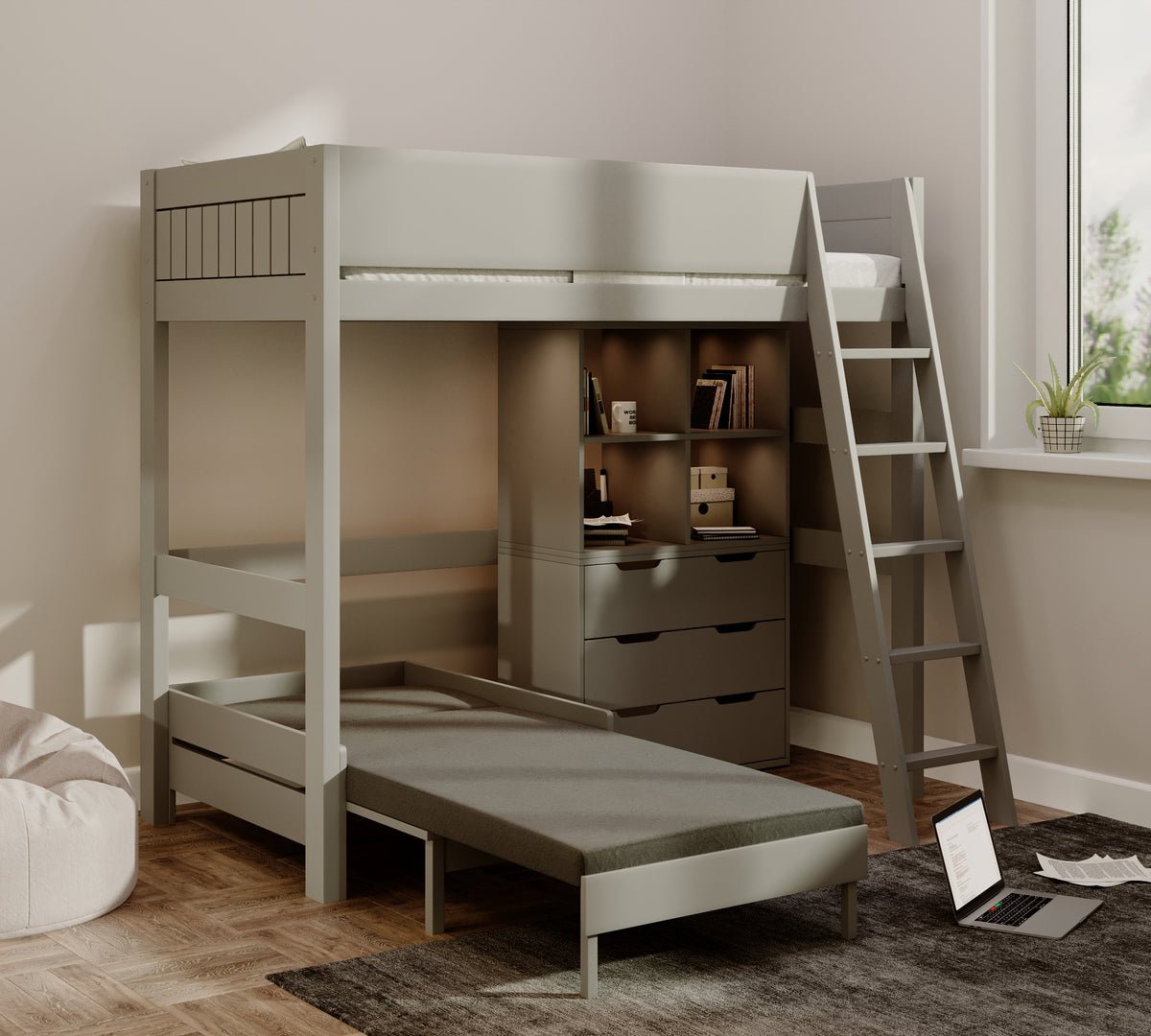 Eton High Sleeper in grey with the black sofa pulled out into a guest bed