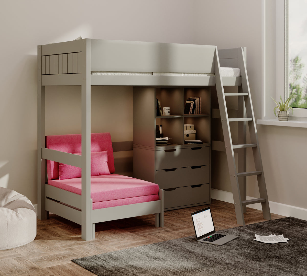 Eton High Sleeper in grey with the pink sofa as a chair, beside four open cubes and a three-drawer chest