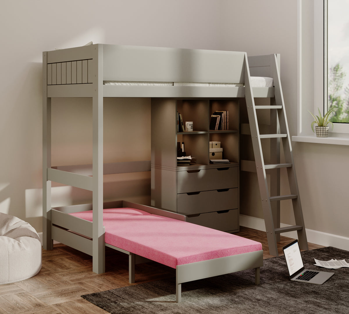Eton High Sleeper in grey with the pink sofa pulled out into a guest bed