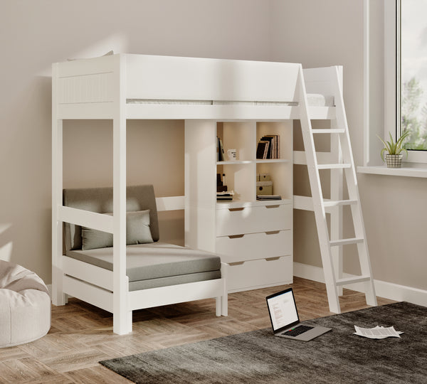 Eton High Sleeper in white with the silver sofa as a chair, beside four open cubes and a three-drawer chest