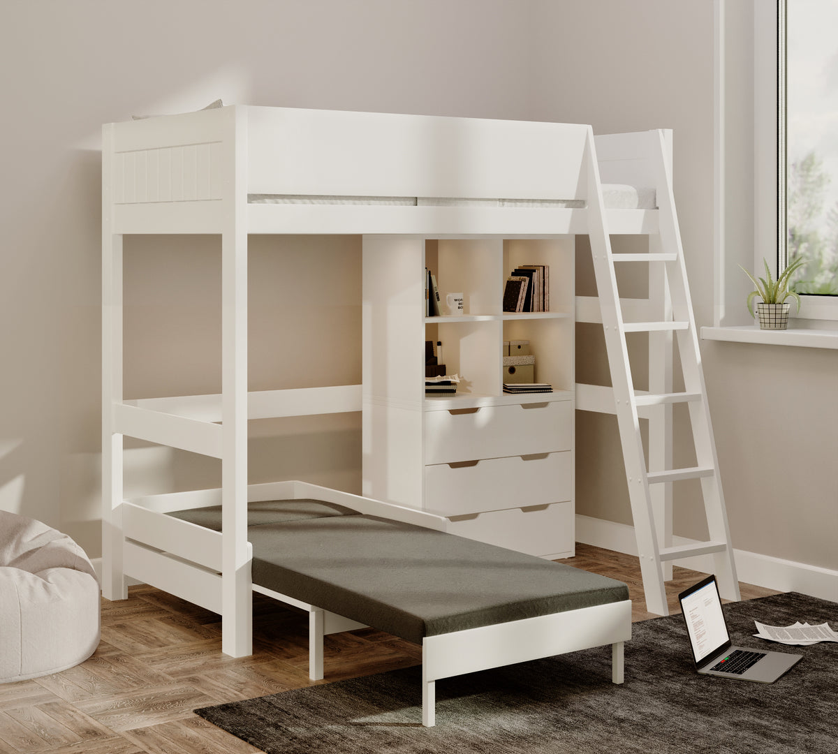 Eton High Sleeper in white with the silver sofa pulled out into a guest bed