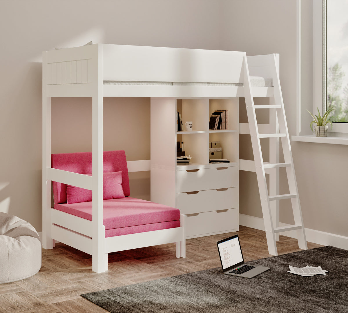 Eton High Sleeper in white with the pink sofa as a chair, beside four open cubes and a three-drawer chest
