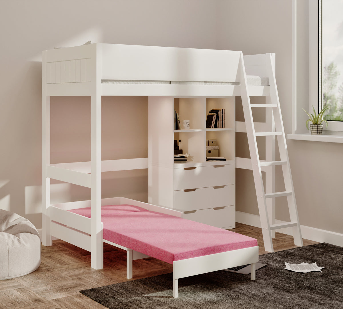 Eton High Sleeper in white with the pink sofa pulled out into a guest bed