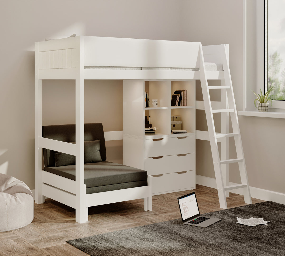 Eton High Sleeper in white with the black sofa as a chair, beside four open cubes and a three-drawer chest
