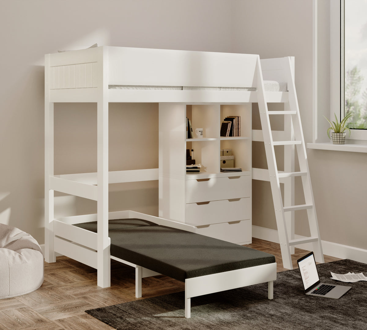 Eton High Sleeper in white with the black sofa pulled out into a guest bed