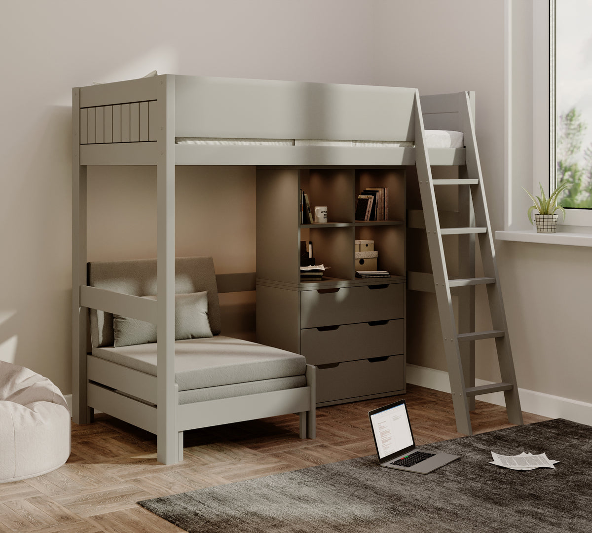 Eton High Sleeper in grey with the silver sofa as a chair, beside four open cubes and a three-drawer chest