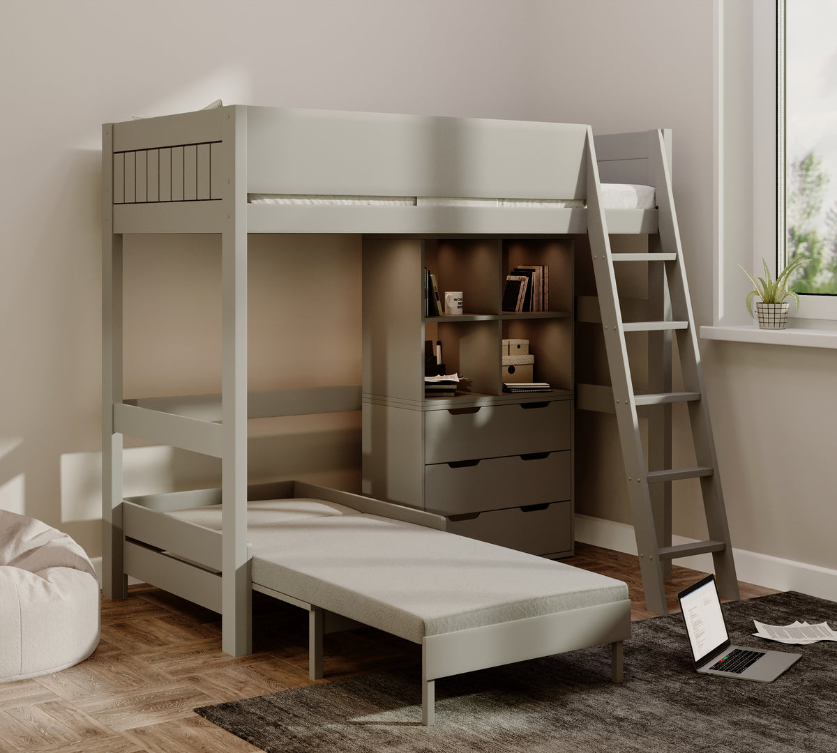 Eton High Sleeper in grey with the silver sofa pulled out into a guest bed