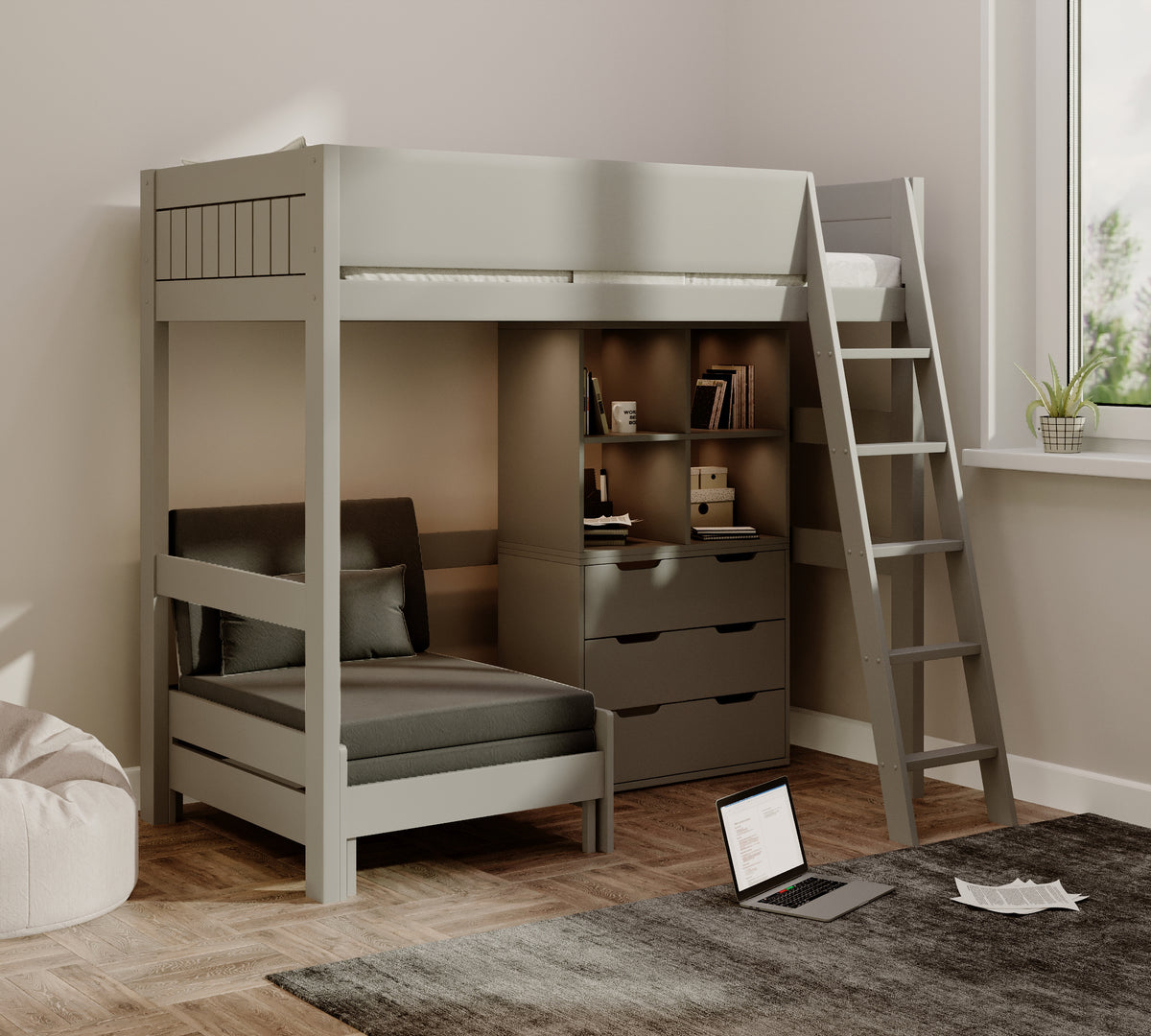 Eton High Sleeper in grey with the black sofa as a chair, beside four open cubes and a three-drawer chest