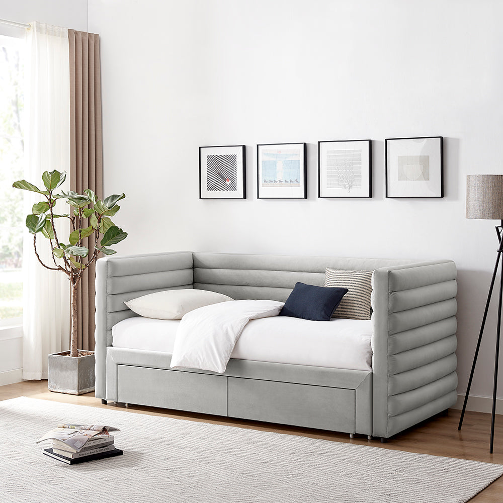 Elowen Velvet Daybed with Two Storage Drawers in Grey – product view 4