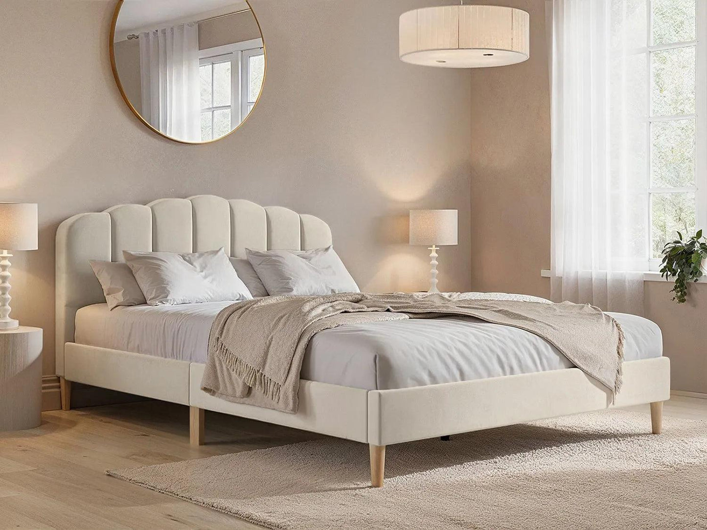 Scallop Velvet Beige Bed Frame