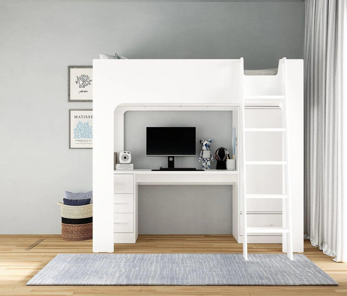 Ullswater High Sleeper in white, front view with the ladder at the wardrobe end