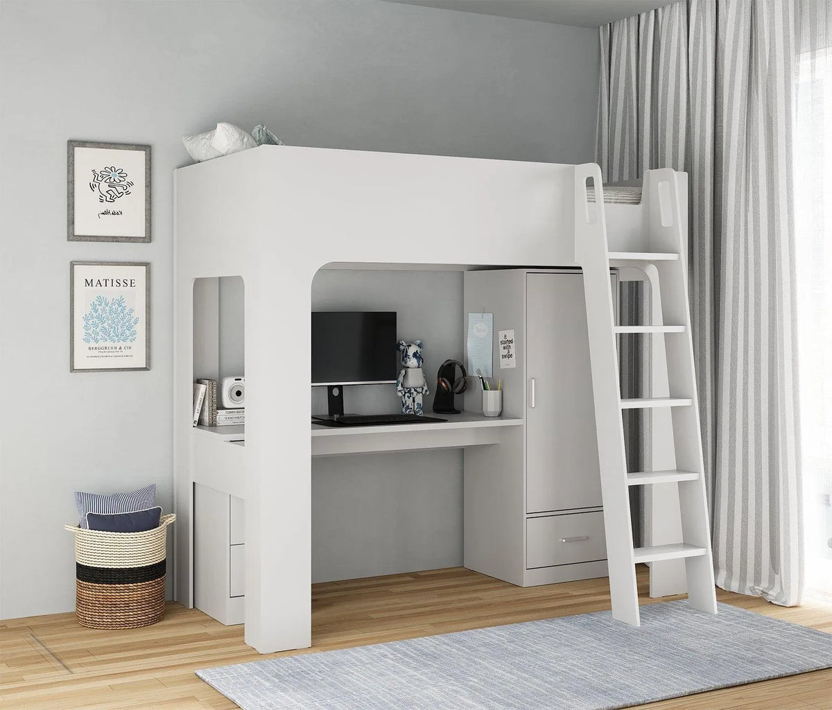 Ullswater High Sleeper in mid grey, with the desk, drawers and wardrobe underneath