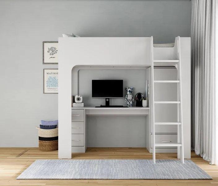 Ullswater High Sleeper in mid grey, front view with the ladder at the wardrobe end