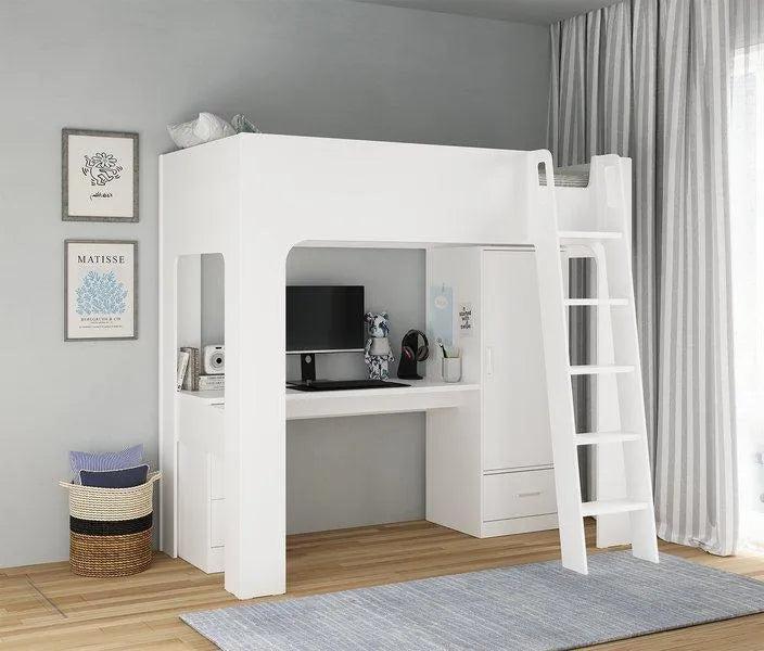 Ullswater High Sleeper in white, with the desk, drawers and wardrobe underneath