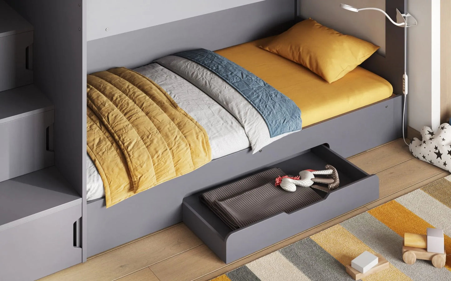 Slick Staircase Grey Bunk Bed with Storage