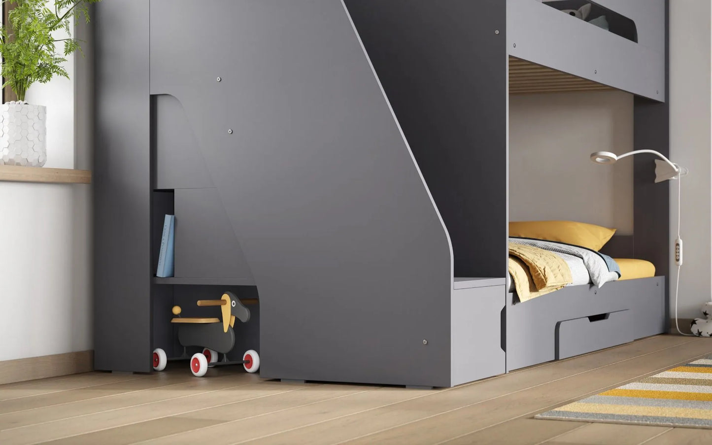 Slick Staircase Grey Bunk Bed with Storage