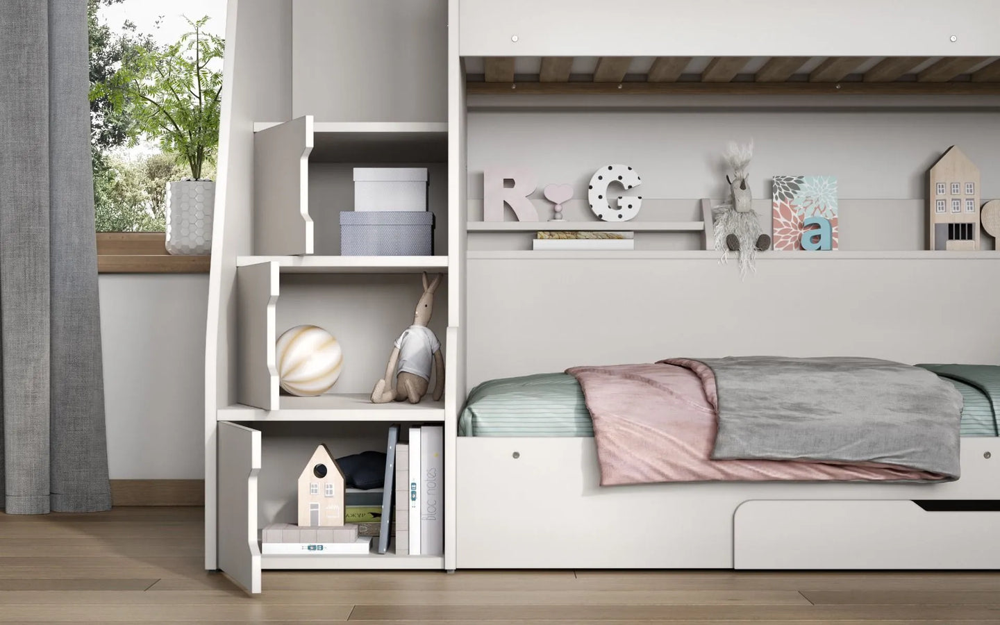 Slick Staircase Triple White Bunk Bed