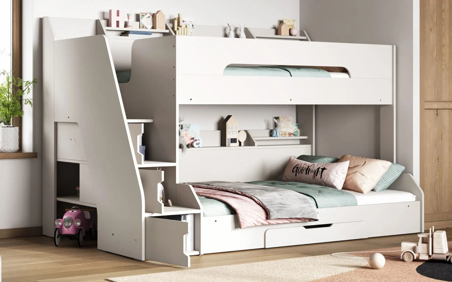 Slick Staircase Triple White Bunk Bed