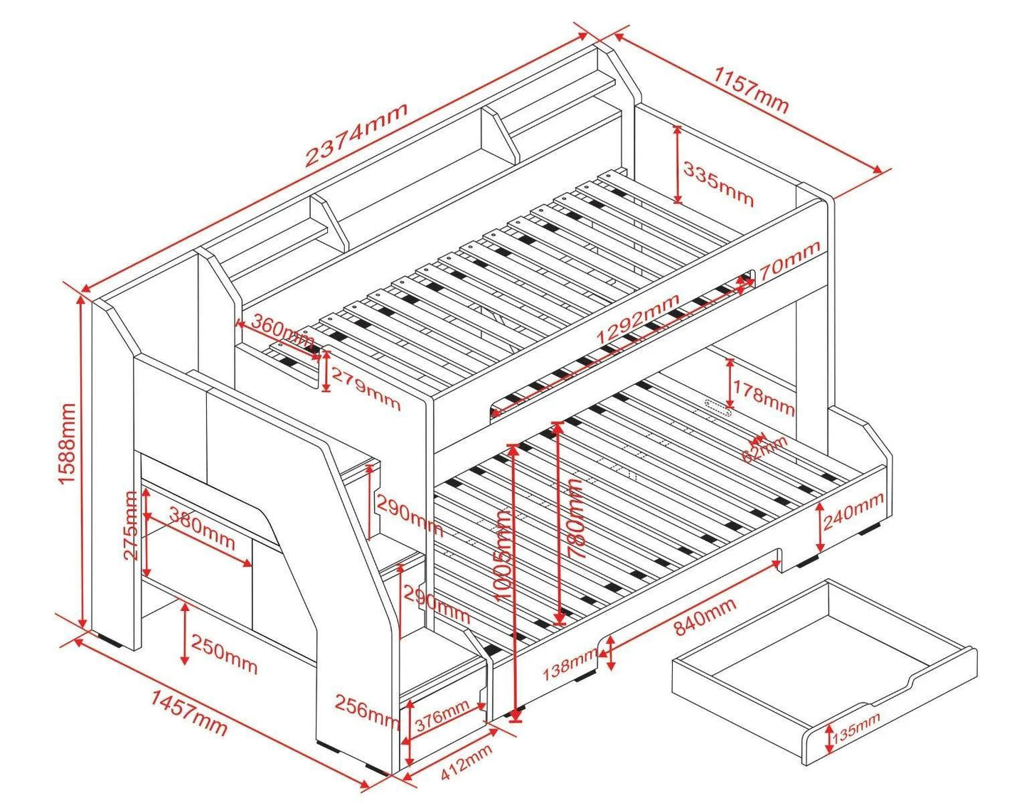 Slick Staircase Triple White Bunk Bed