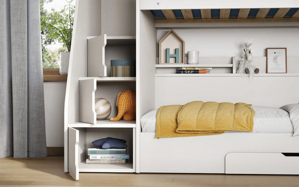 Slick White Staircase Bunk Bed with Storage