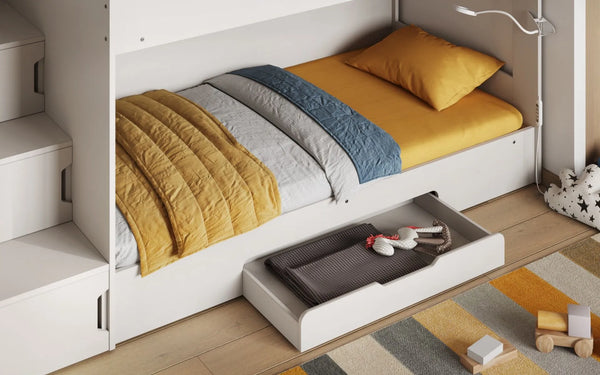Slick White Staircase Bunk Bed with Storage
