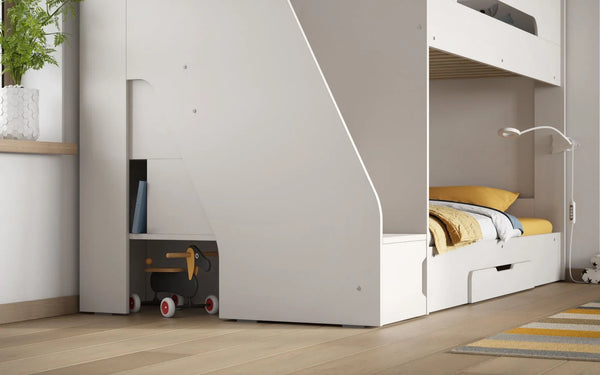 Slick White Staircase Bunk Bed with Storage
