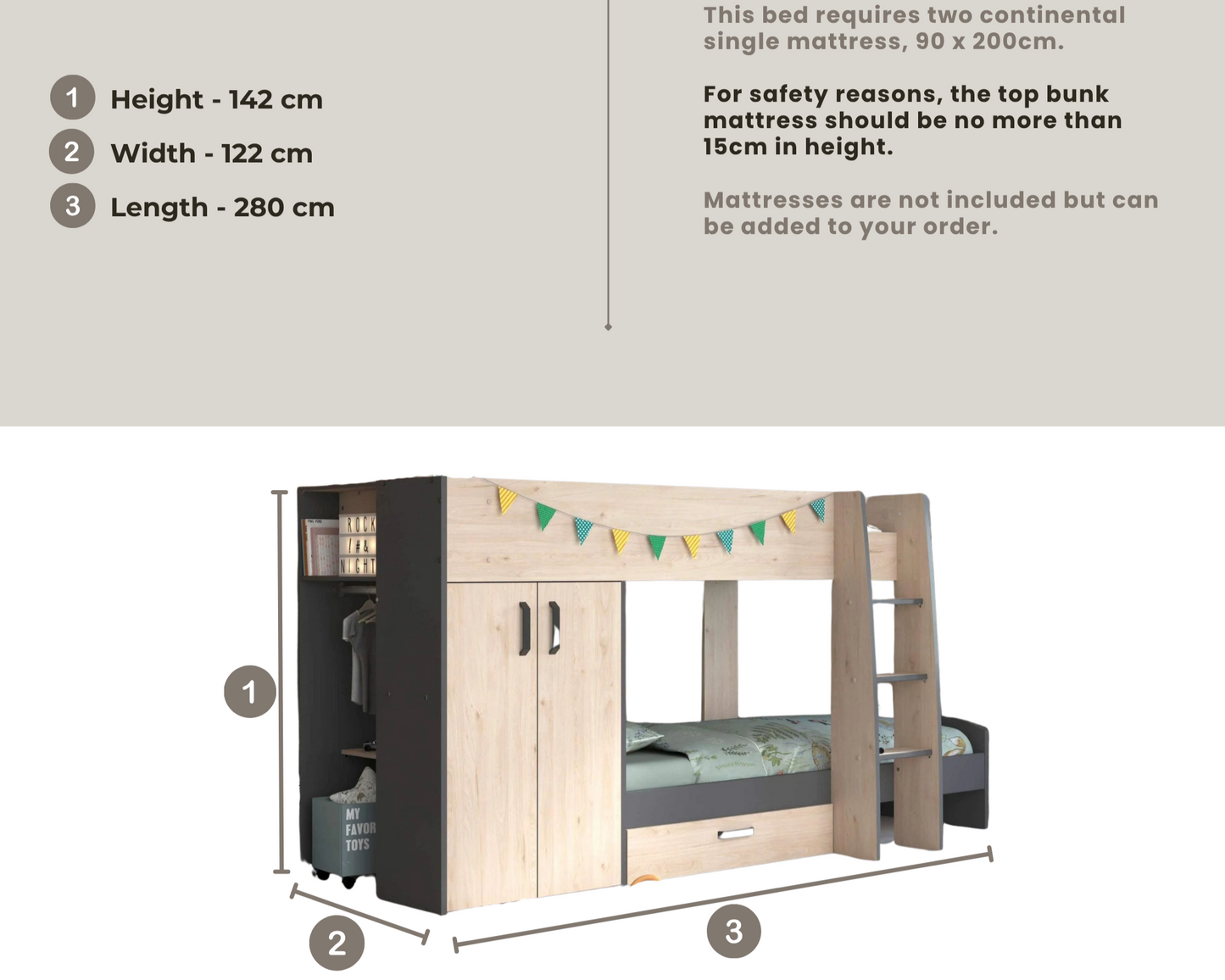 Stowe Bunk Bed - Drawers, Wardrobe & Shelves