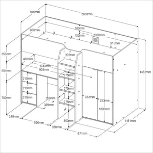 Tom Junior Mid/High Sleeper Bed with Wardrobe & Desk