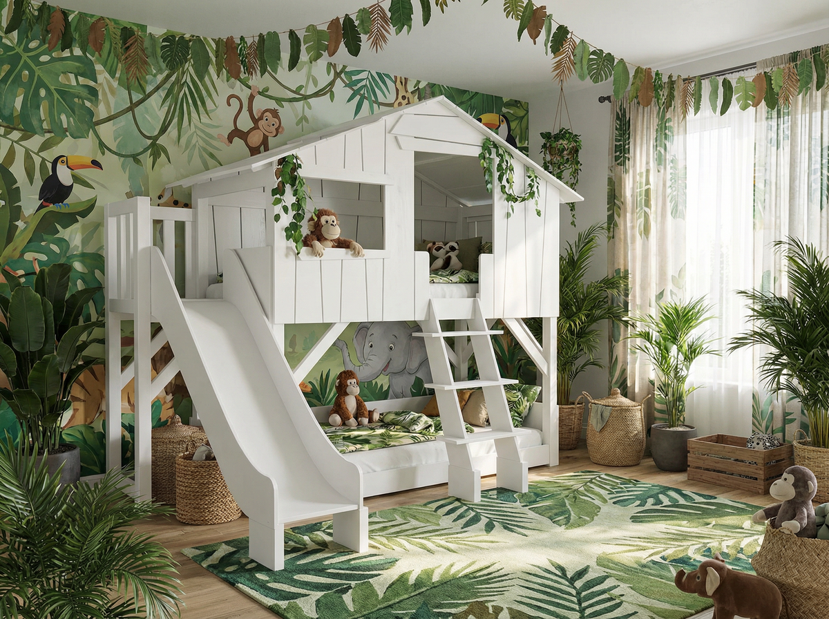 Treehouse Bunk Bed with Platform and Slide