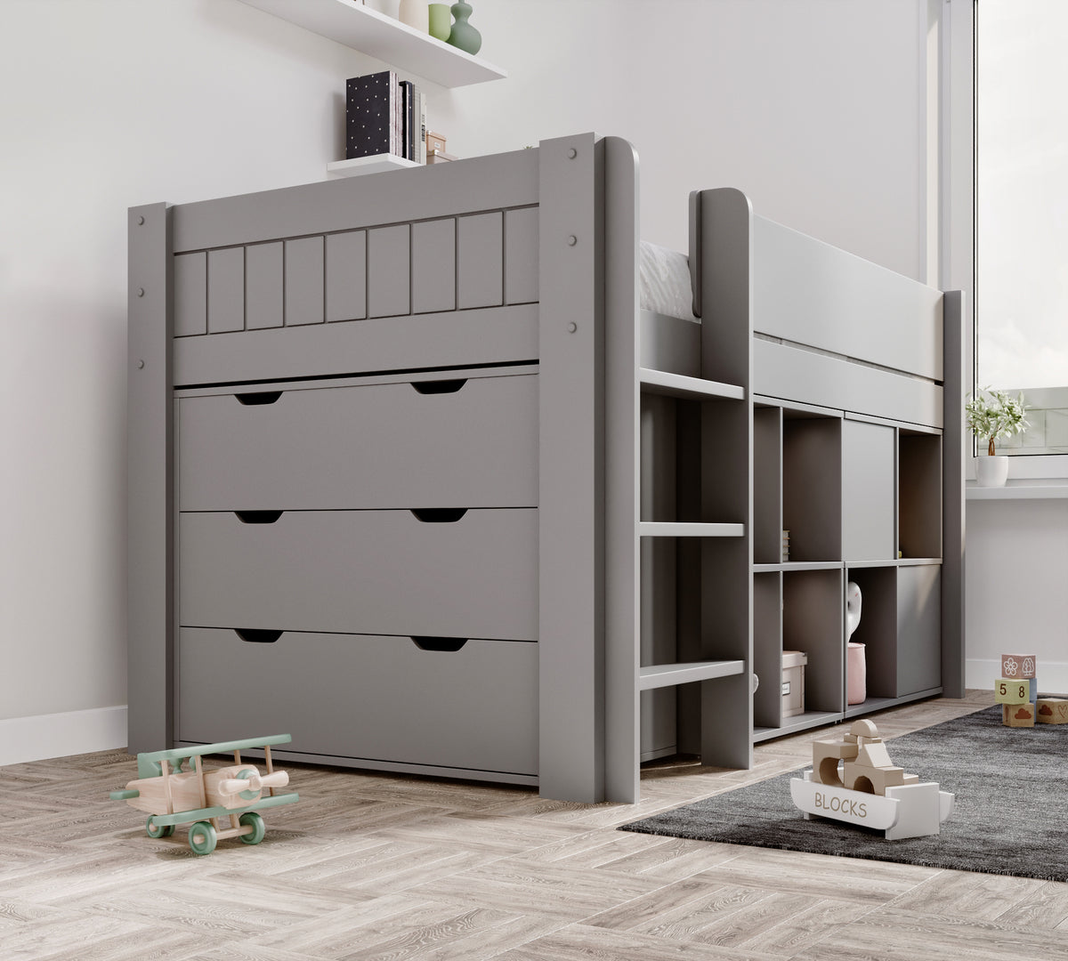 End view of the Winchester mid sleeper in light grey, showing the three-drawer chest