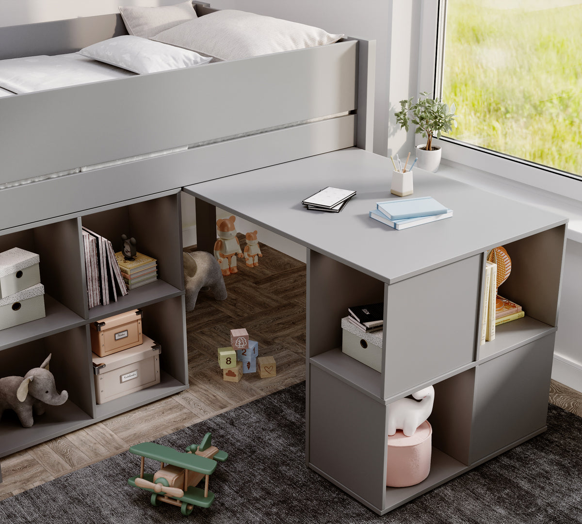 Close-up of the Winchester pull-out desk in light grey, with shelves at the end