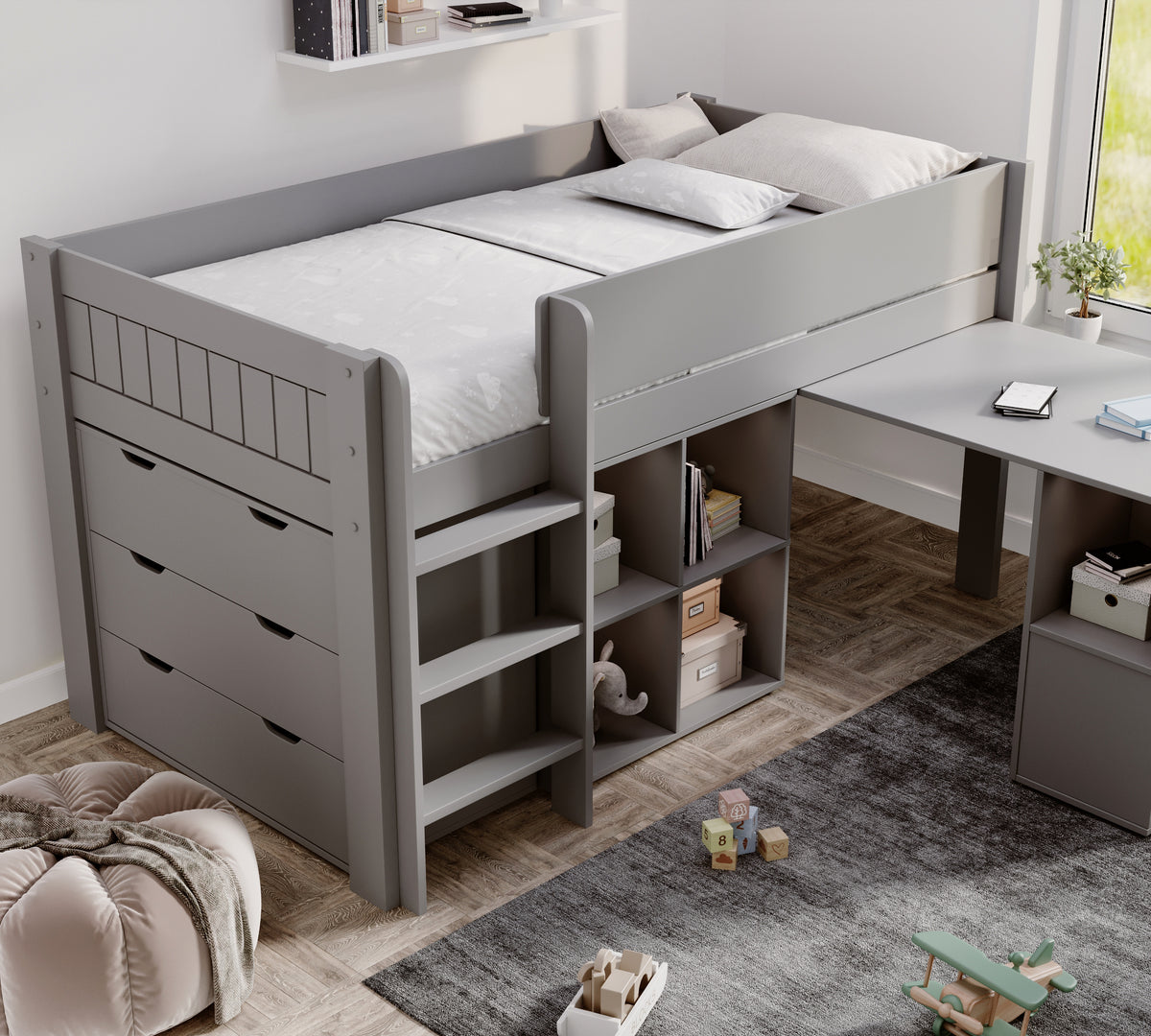 Winchester mid sleeper in light grey from the ladder end with the desk pulled out