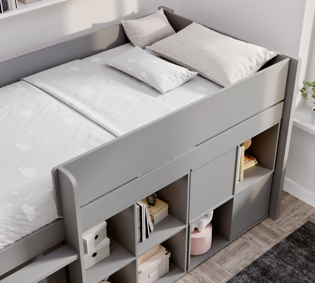 Winchester mid sleeper in light grey from above, showing the guard rails and cube storage