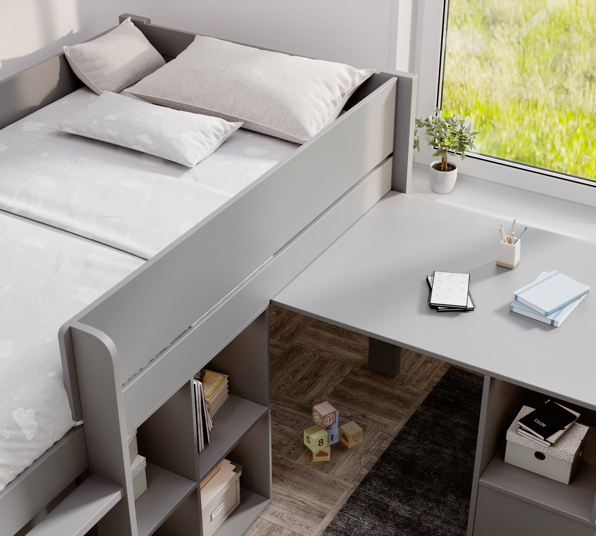 Winchester mid sleeper in light grey from above with the desk pulled out