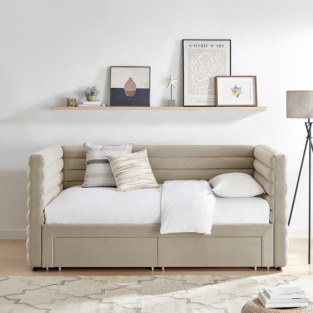 Elowen Velvet Daybed with Two Storage Drawers in Taupe – product view 12