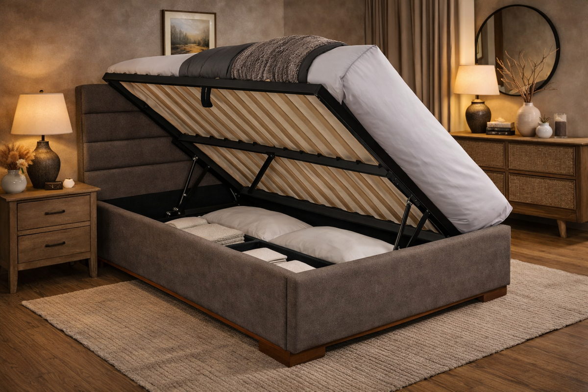 Bramwell Side Lift Ottoman Bed in Light Grey - side lift storage open