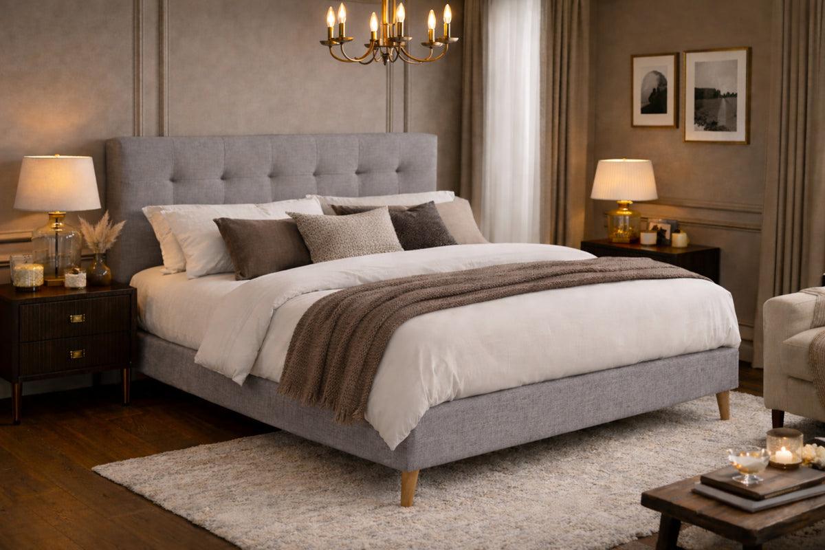 Aveline Buttoned Upholstered Bed Frame in Light Grey