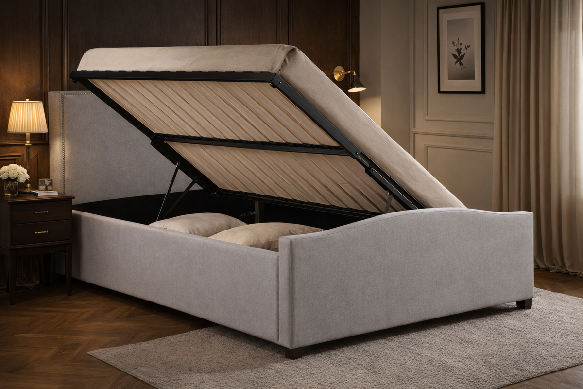 Hatherley Side Lift Ottoman Bed in Sand - side lift storage open