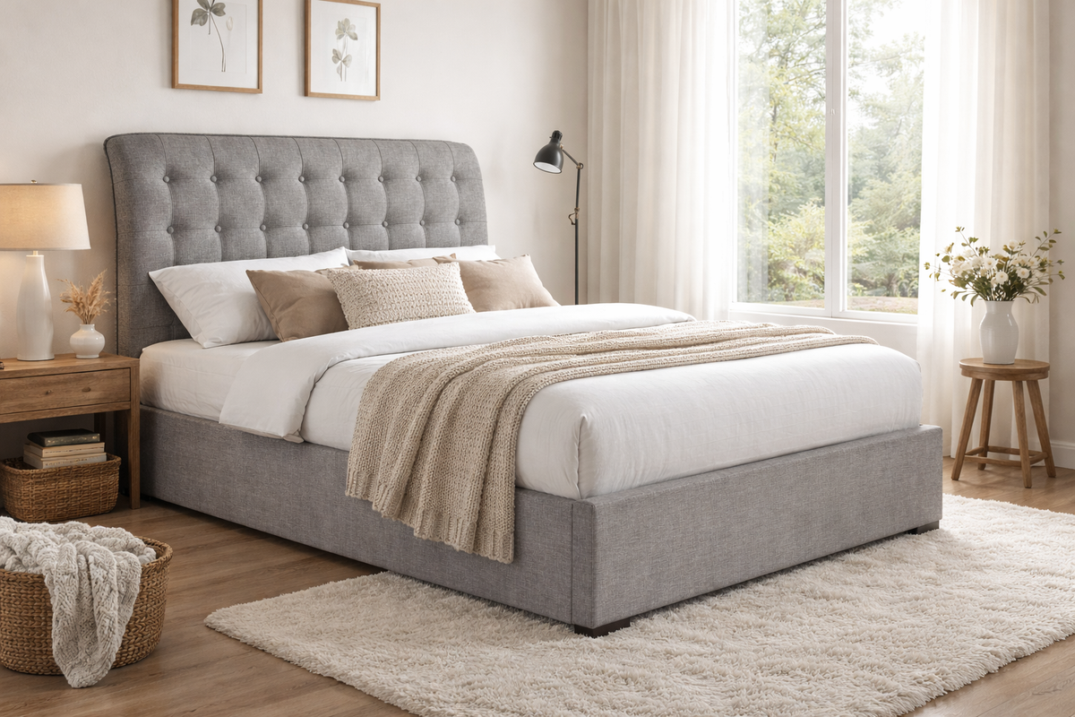 Hartwell Buttoned Upholstered Bed Frame in Light Grey