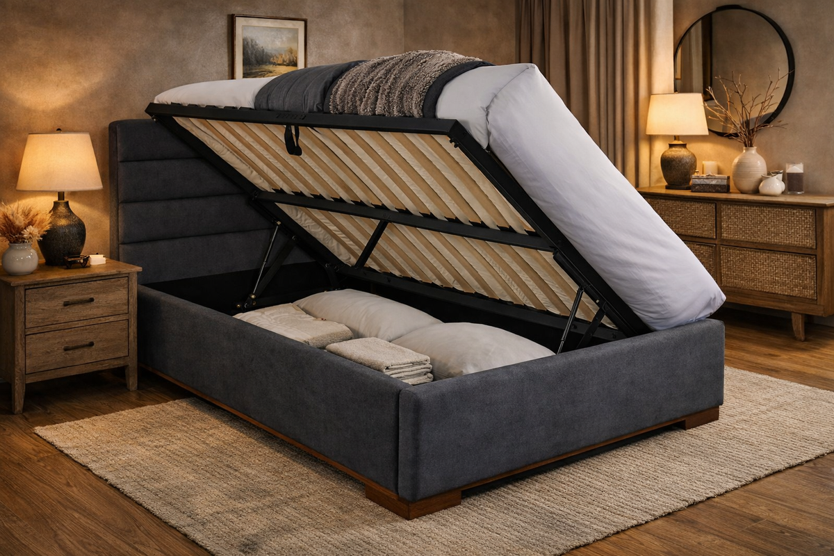 Bramwell Side Lift Ottoman Bed in Dark Grey - side lift storage open