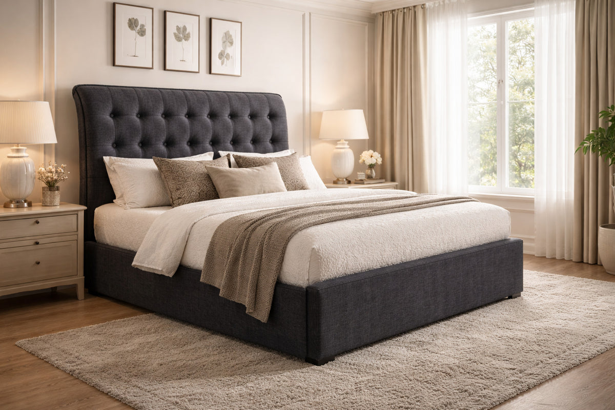 Hartwell Buttoned Upholstered Bed Frame in Dark Grey