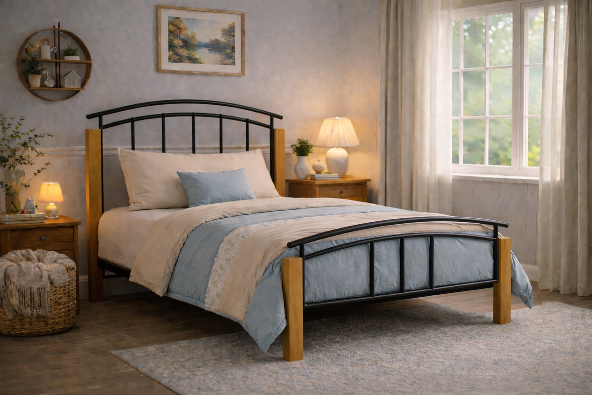 Fenwick Metal and Wood Bed Frame in Black and Beech - single size