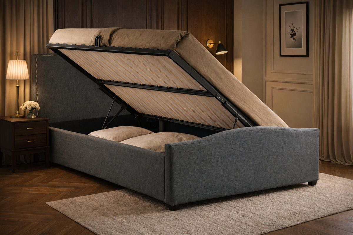 Hatherley Side Lift Ottoman Bed in Grey - side lift storage open