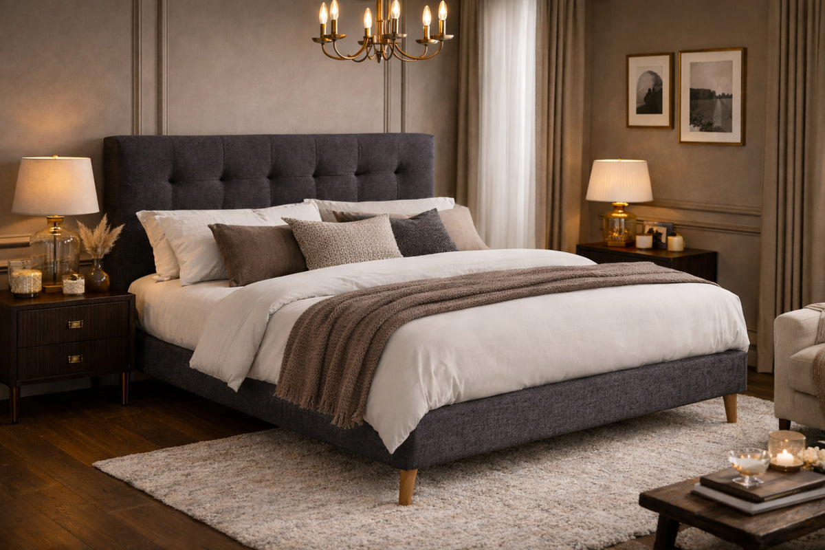 Aveline Buttoned Upholstered Bed Frame in Dark Grey