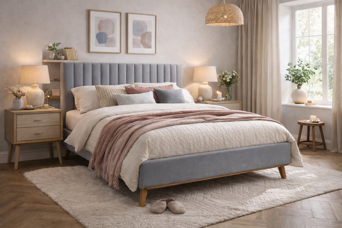Ainsley Velvet and Wood Bed Frame in Light Grey