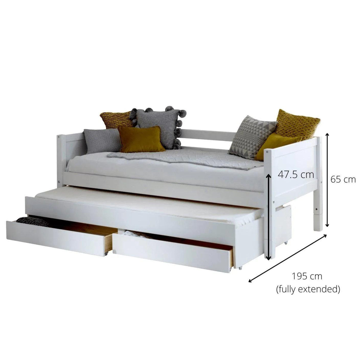 Ashdown daybed with the trundle and drawers pulled out: 195cm deep fully extended, 47.5cm to the mattress base