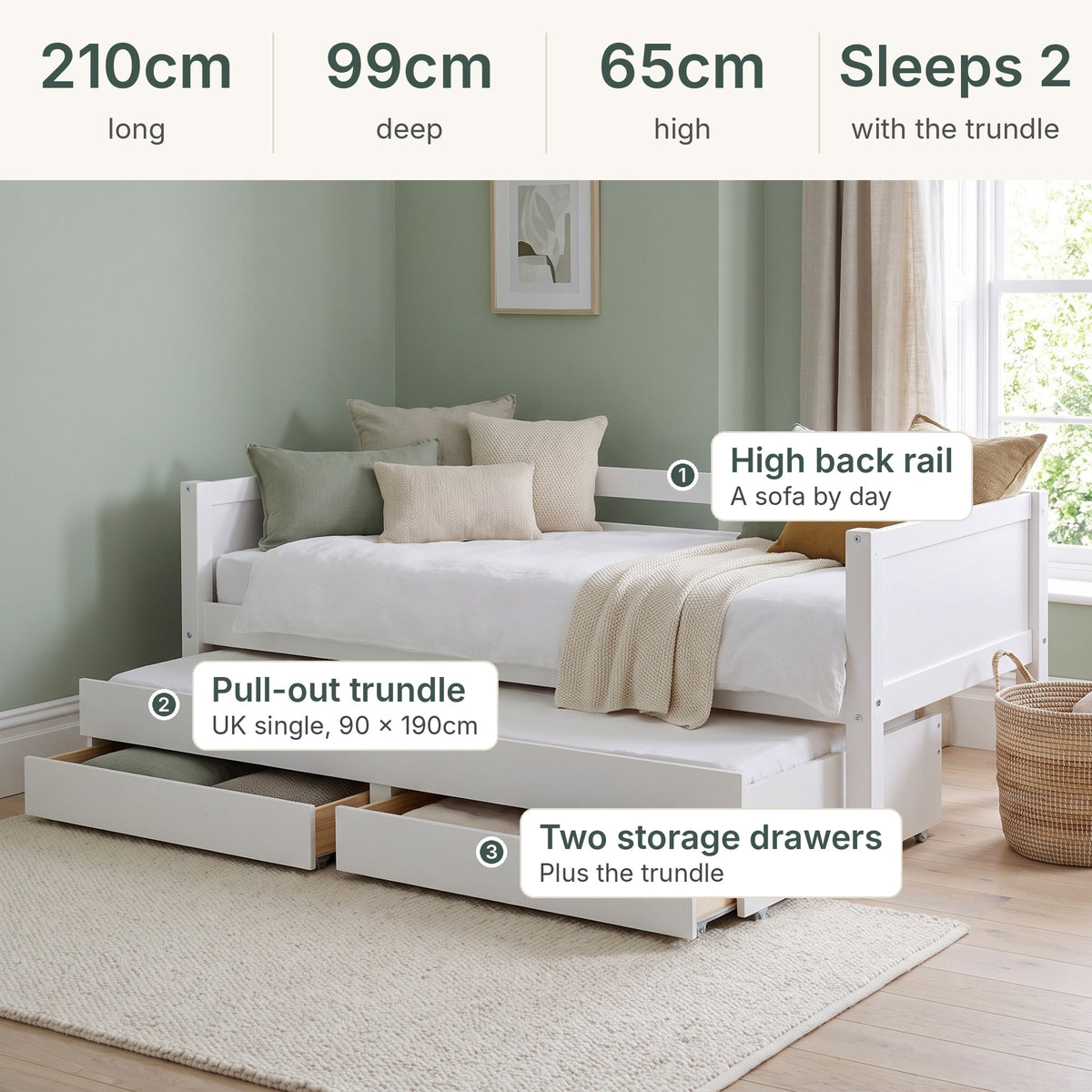 Ashdown daybed sizes: 210cm long, 99cm deep, 65cm high, sleeps 2 with the trundle