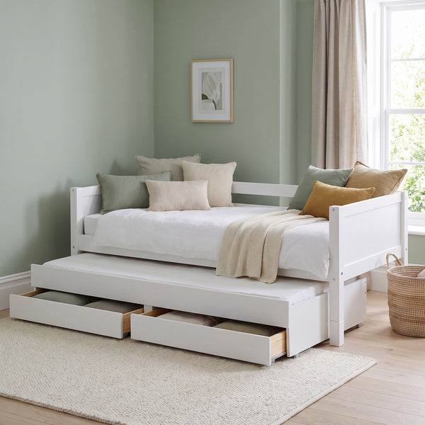 Ashdown white pine daybed with the trundle and both storage drawers pulled out