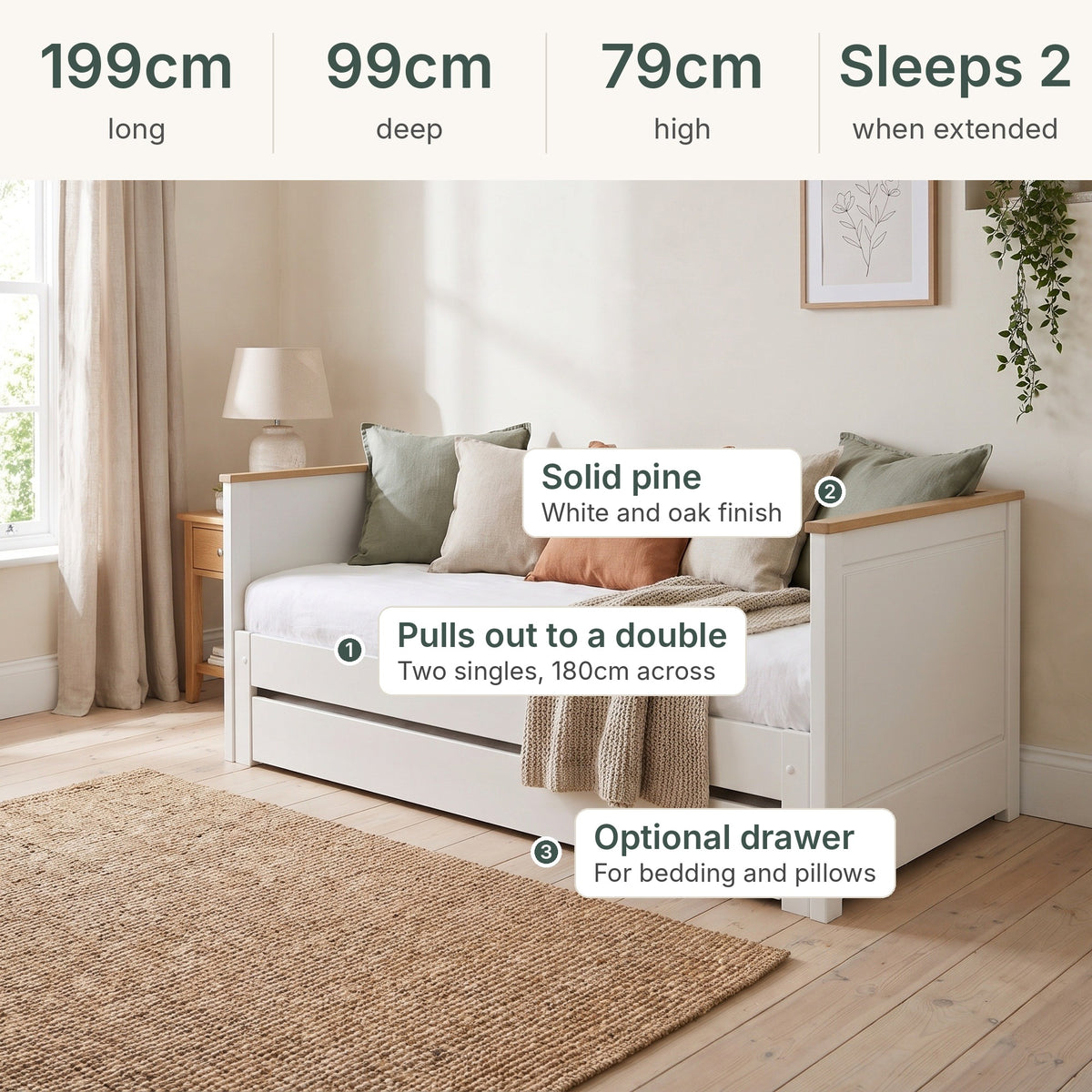 Ashwell daybed sizes: 199cm long, 99cm deep, 79cm high, sleeps 2 when extended