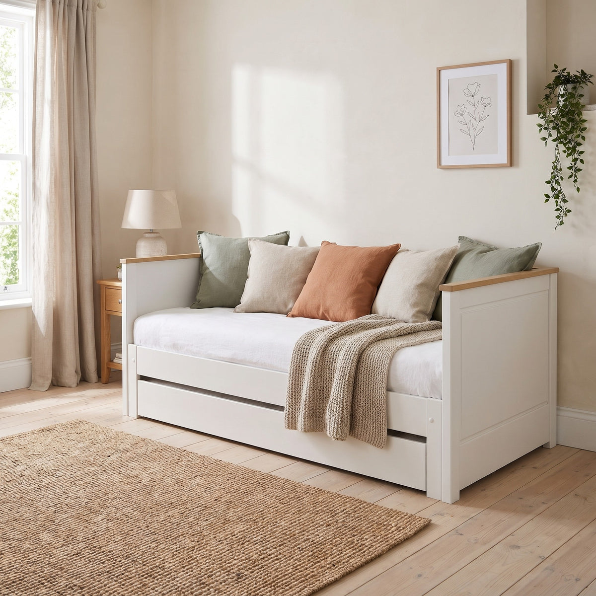 Ashwell white and oak daybed styled as a sofa, with the underbed drawer closed